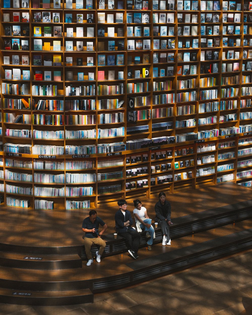 Four figures, book wall